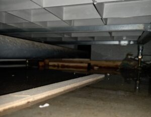 尼崎市の浴室漏水修理で床下の漏水状況を調査している様子