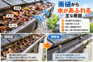 落ち葉や泥が詰まった雨樋と、掃除でゴミを取り除いた雨樋を比較したビフォーアフターの解説画像