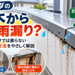 ベランダの笠木の継ぎ目から雨水が侵入する様子と、コーキングの劣化や腰壁内部の雨漏り原因を解説したイメージ画像