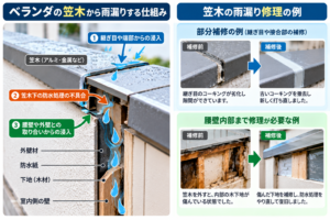 ベランダの笠木からの雨漏り修理について、継ぎ目のコーキング補修と腰壁内部の下地・防水処理を修理する場合を比較したイメージ画像