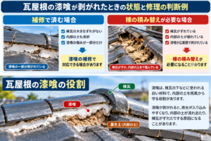 瓦屋根の漆喰が剥がれたとき、部分補修で済む場合と棟瓦の積み替えが必要な場合を比較した解説画像